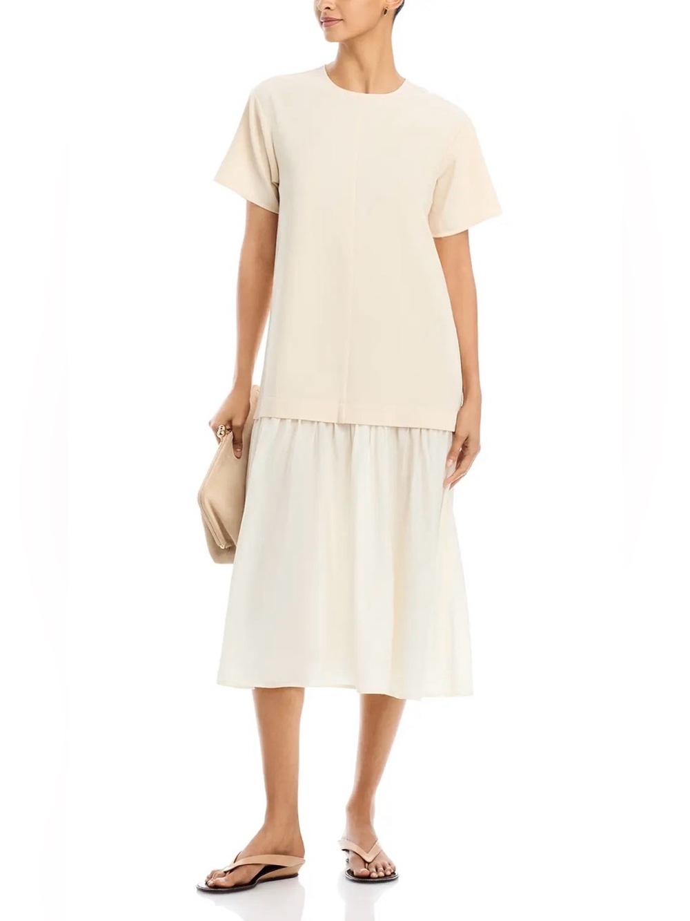 a. ren Vanessa Mixed Media Pleated Dress Cream White Shift Minimalist Sz M, NWT